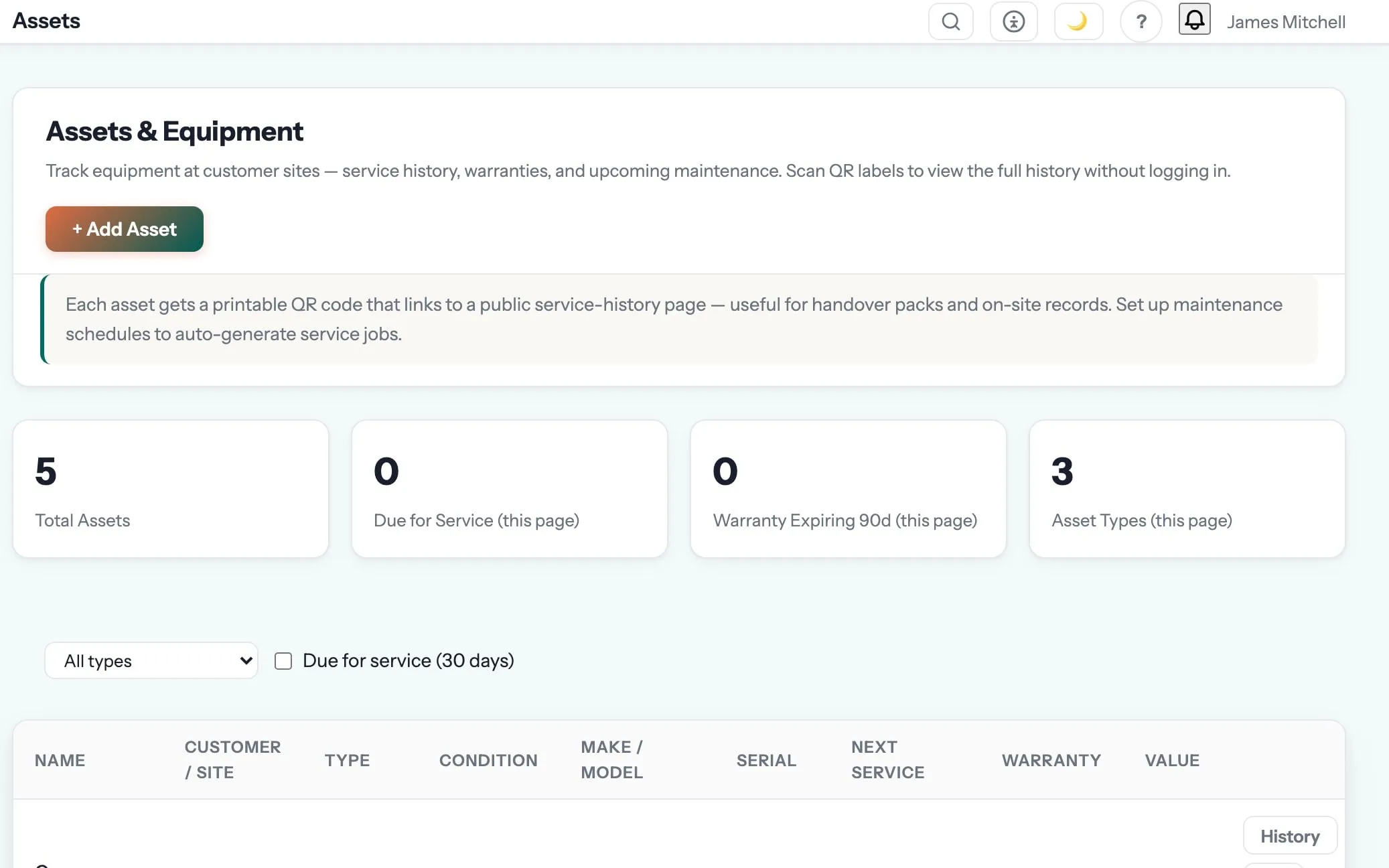 Asset register in Gaffer
