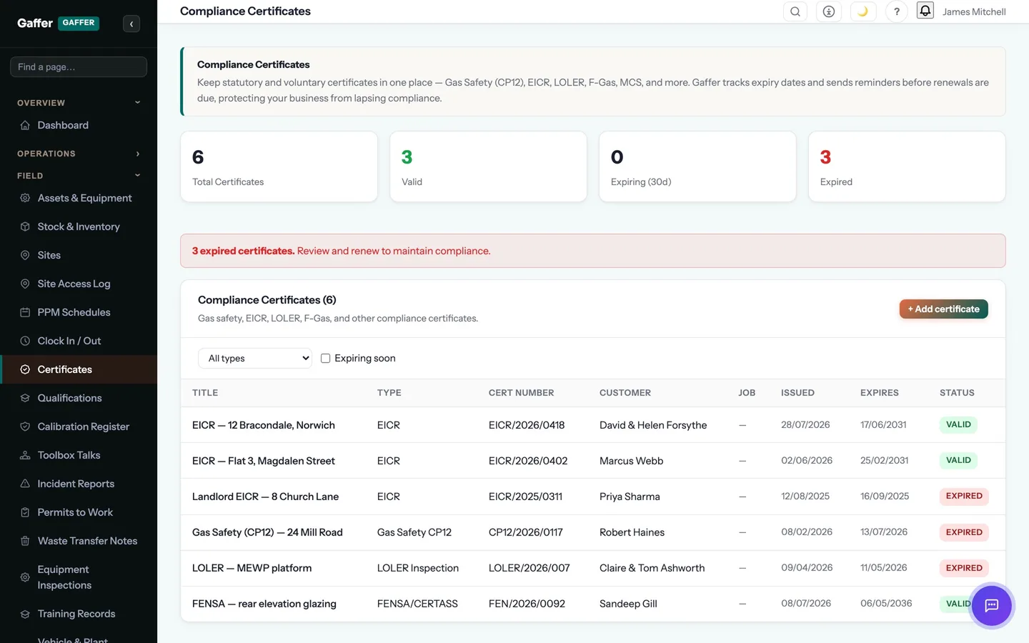 Compliance & Certificates in Gaffer