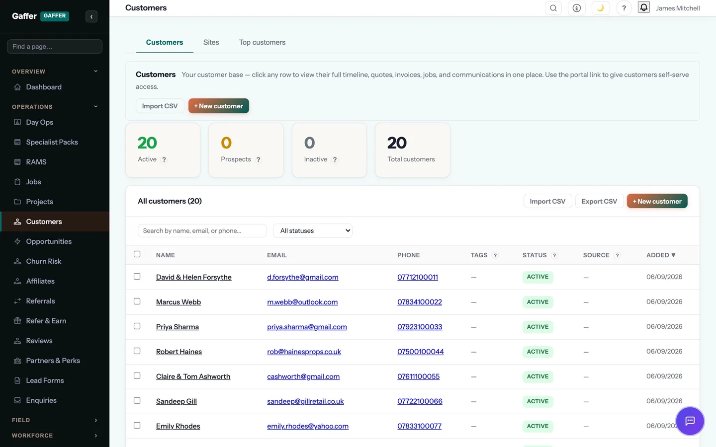 Customers & CRM in Gaffer