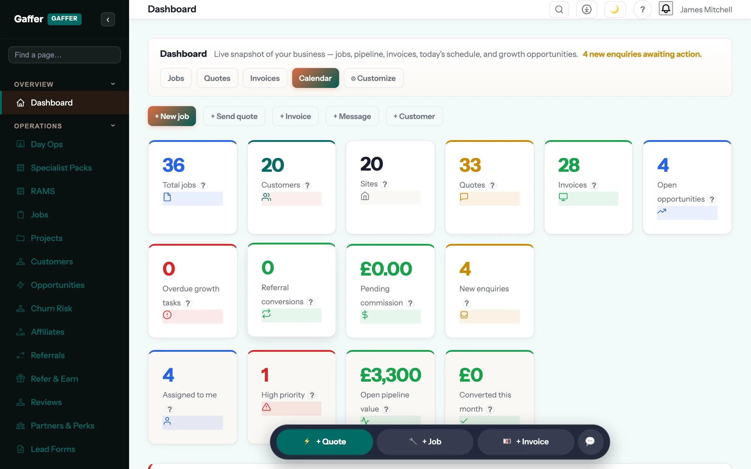 The Gaffer dashboard: today's jobs, quotes, invoices and pipeline for Bright Spark Electrical