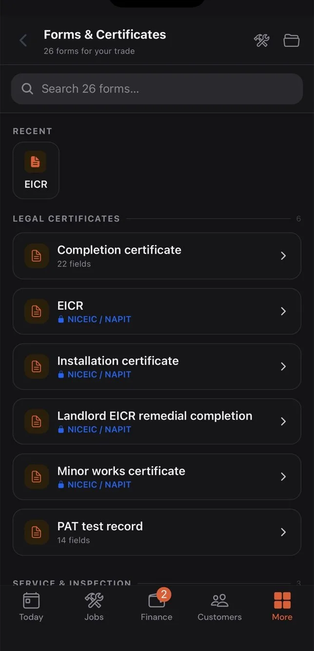 Certificates & forms screen in the Gaffer mobile app