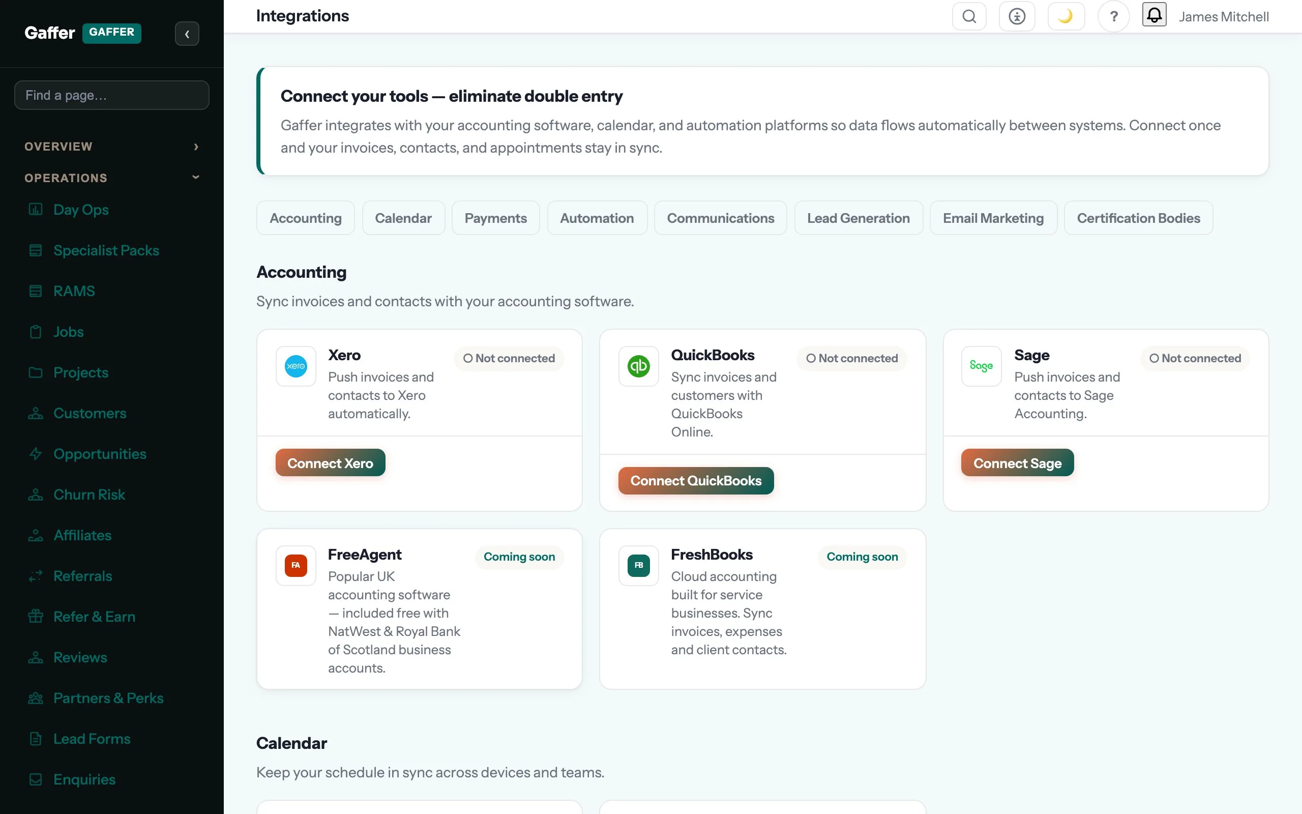 Integrations settings in Gaffer