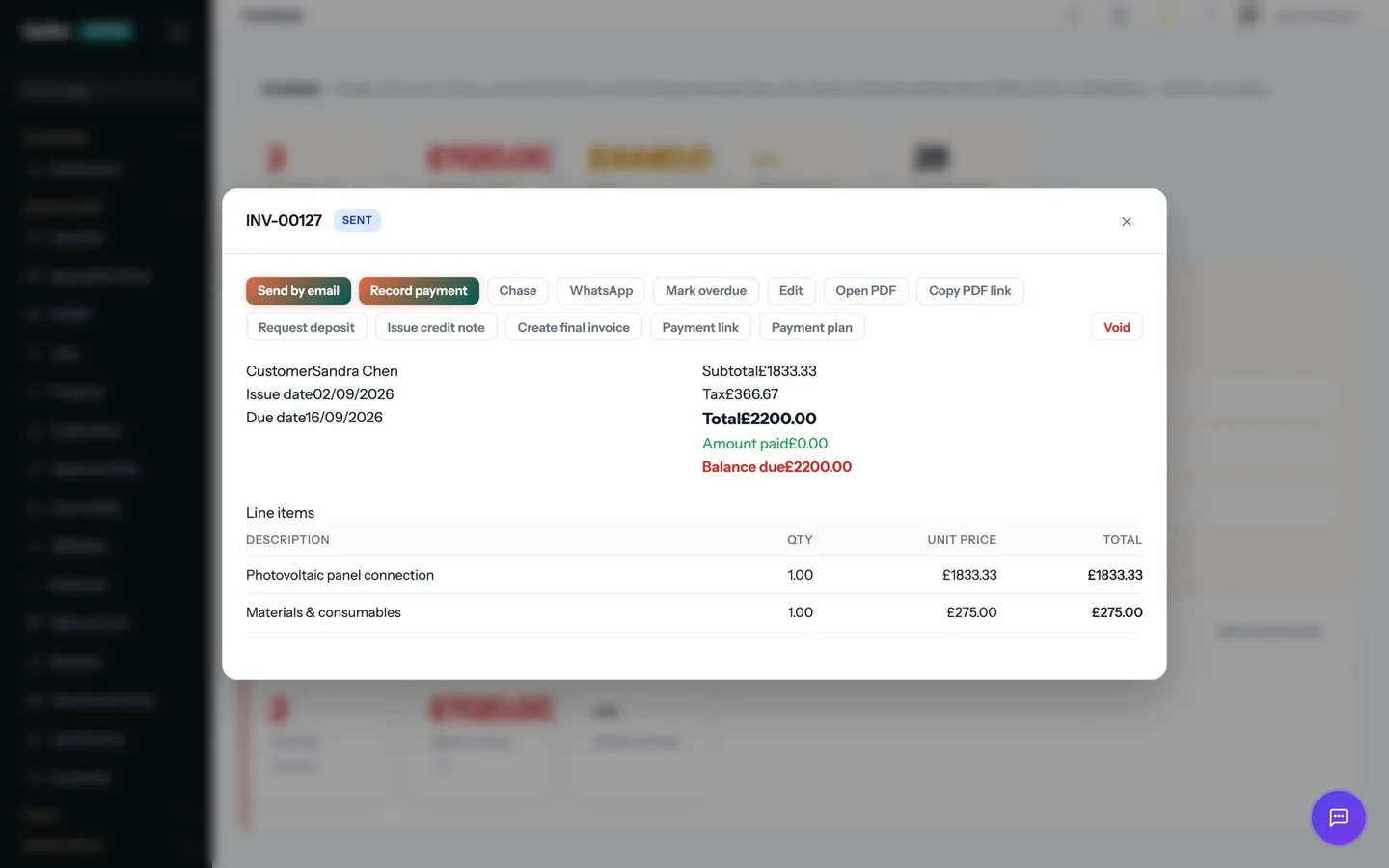 An invoice in Gaffer