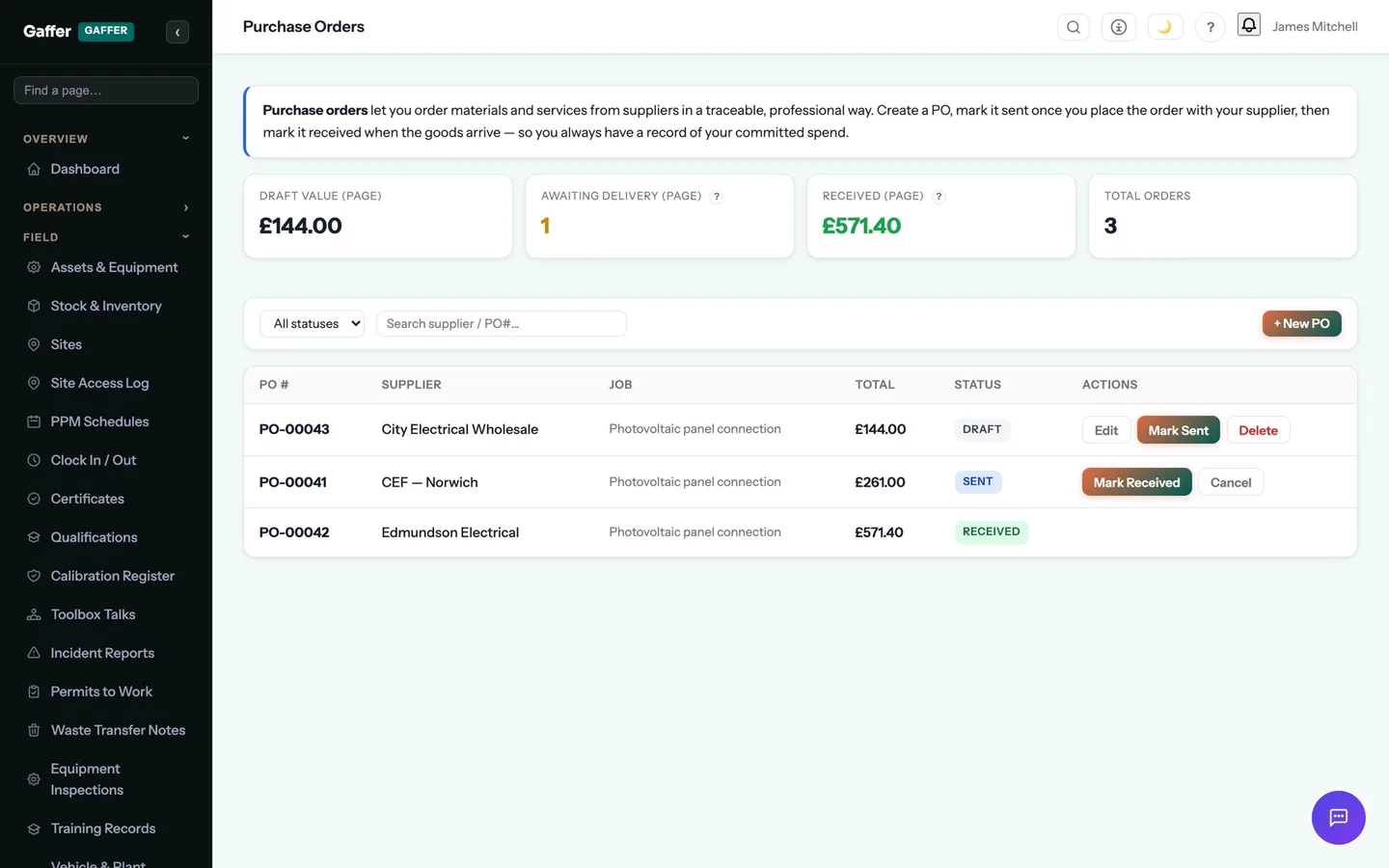 Purchase orders in Gaffer