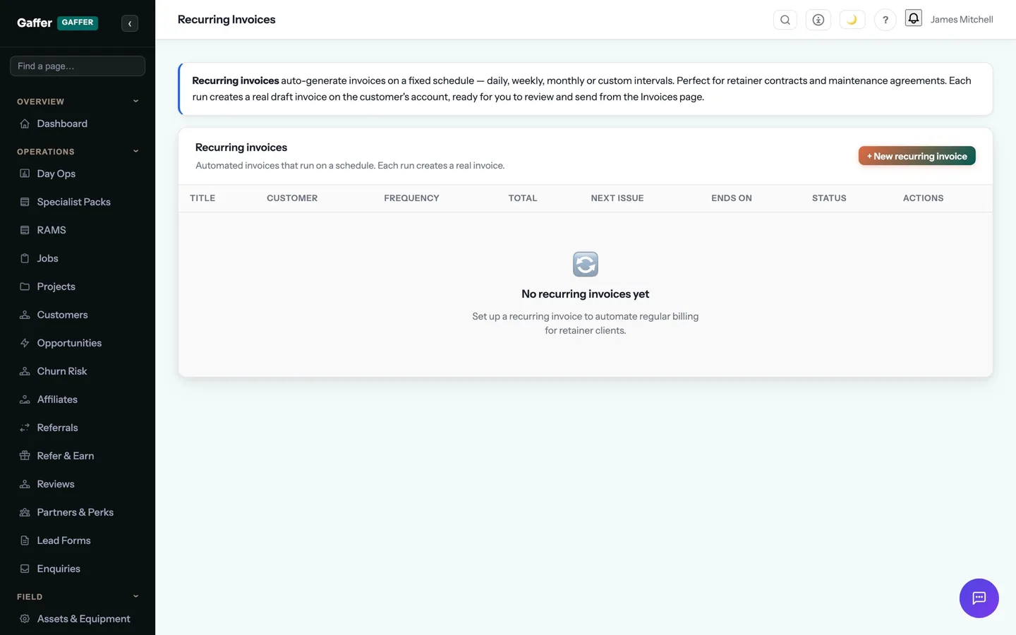 Recurring invoices in Gaffer